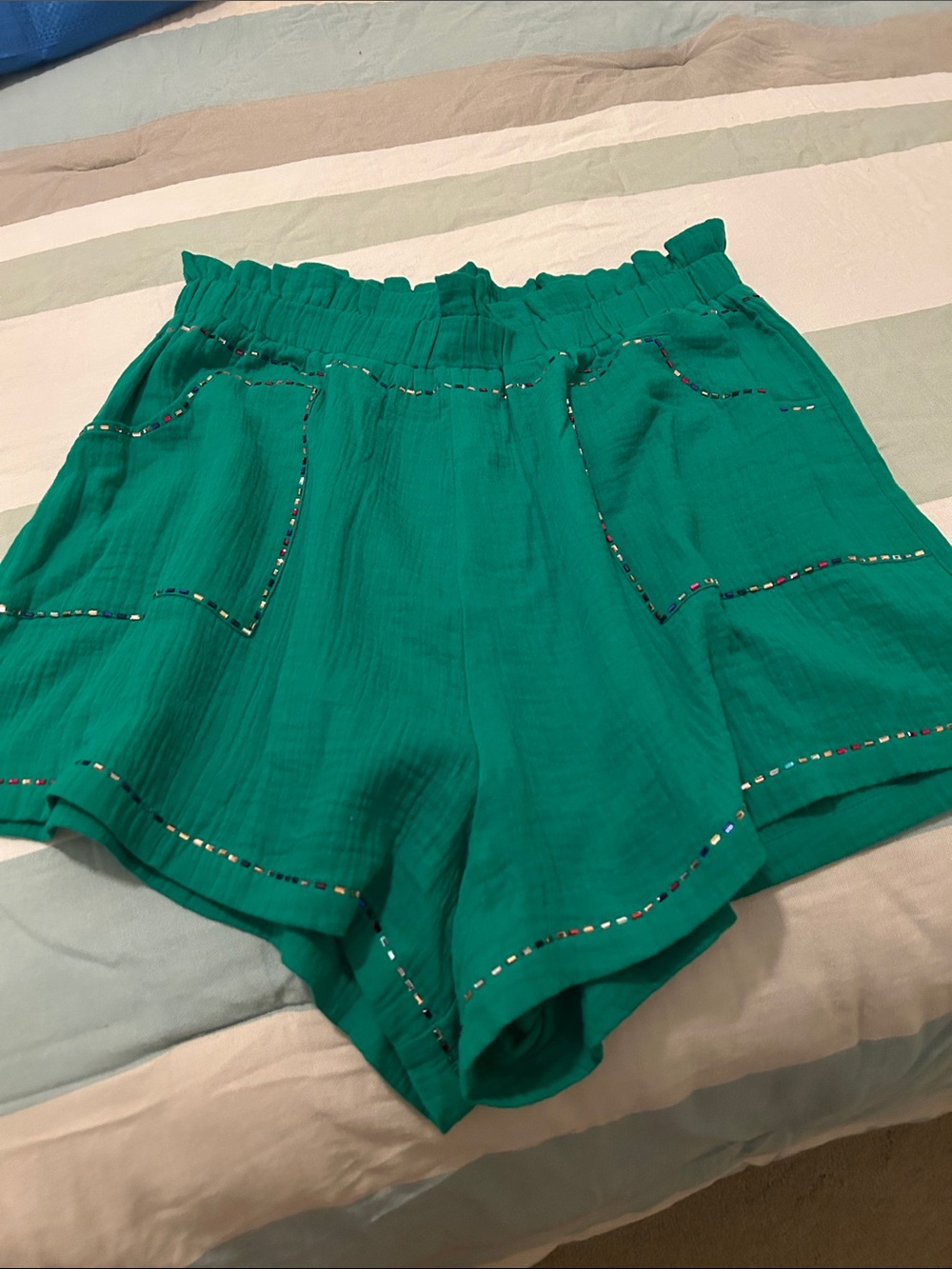 QUEEN OF SPARKLES Teal High-Waist Ruffle Elastic Shorts with Sequin Trim
